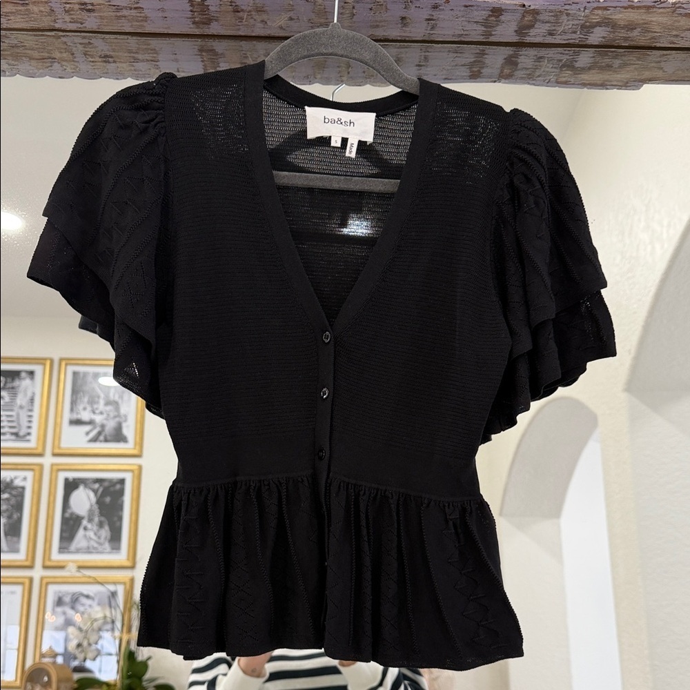 ba&sh Acacio Pointelle Black Ruffle Blouse - Picture 3 of 8